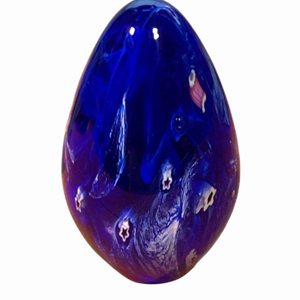 GES (Glass eye studio) 1996 Blue Blown Glass Egg Shaped Paperweight